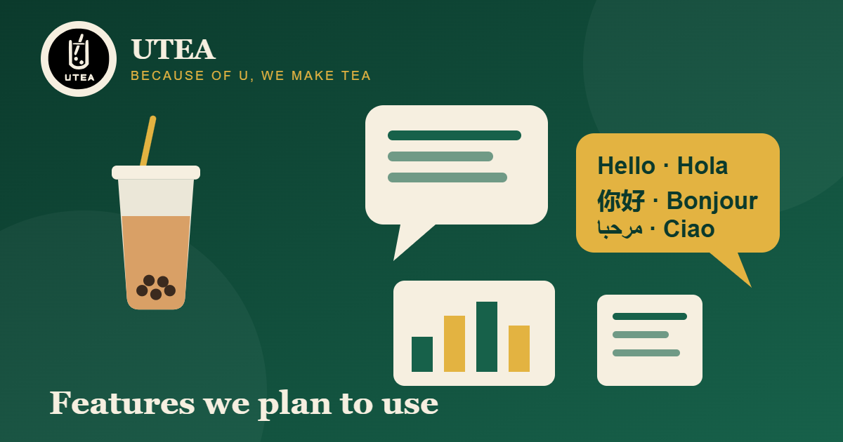 UTEA logo and bubble tea cup beside chat bubbles in several languages, a bar chart and a document, representing the Claude features we plan to use